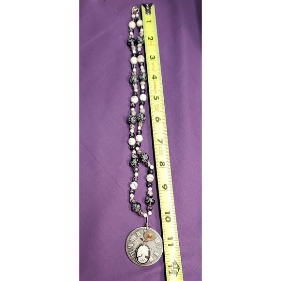 Steampunk Style Natural Stone, Skeleton Cameo, Roman Numeral Clock Disc Necklace - Picture 9 of 12